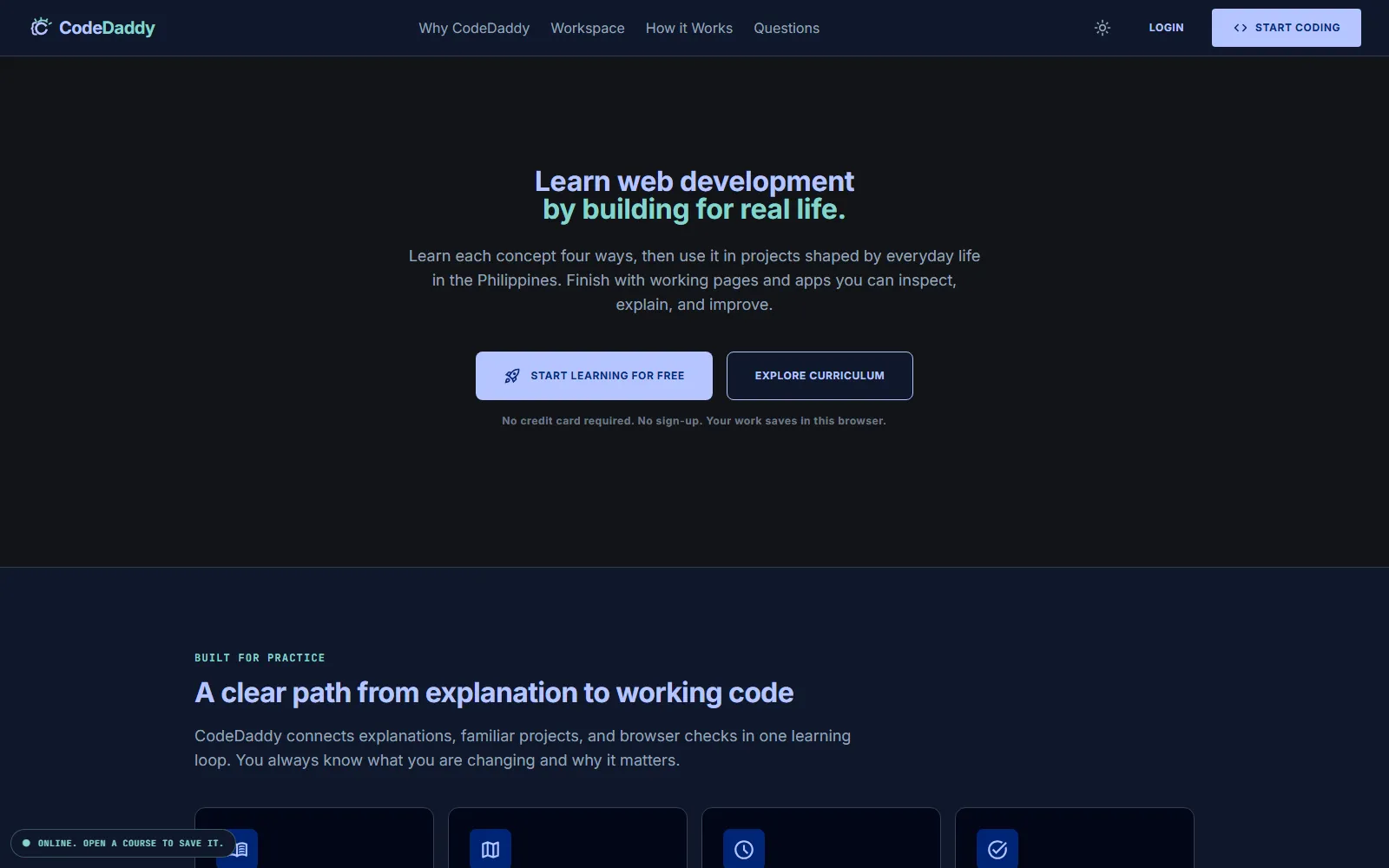 CodeDaddy landing page presenting its free browser-based web development learning path.