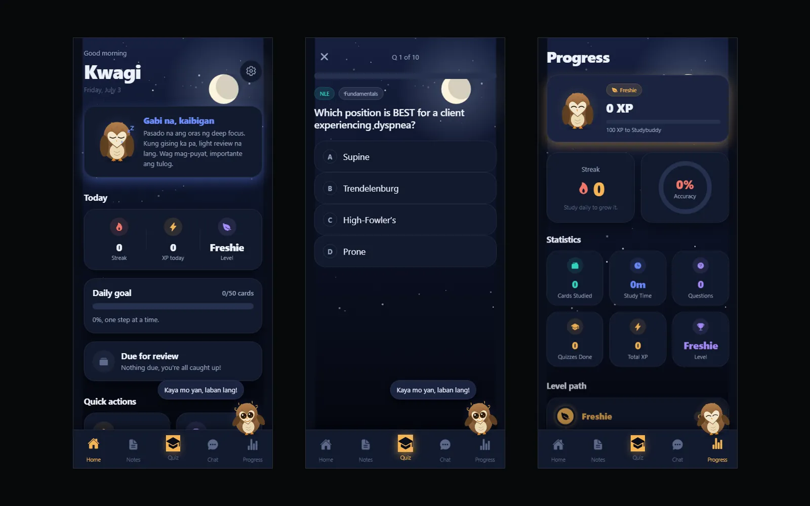 Three Kwagi phone screens: the home dashboard, a quiz question and the progress view.