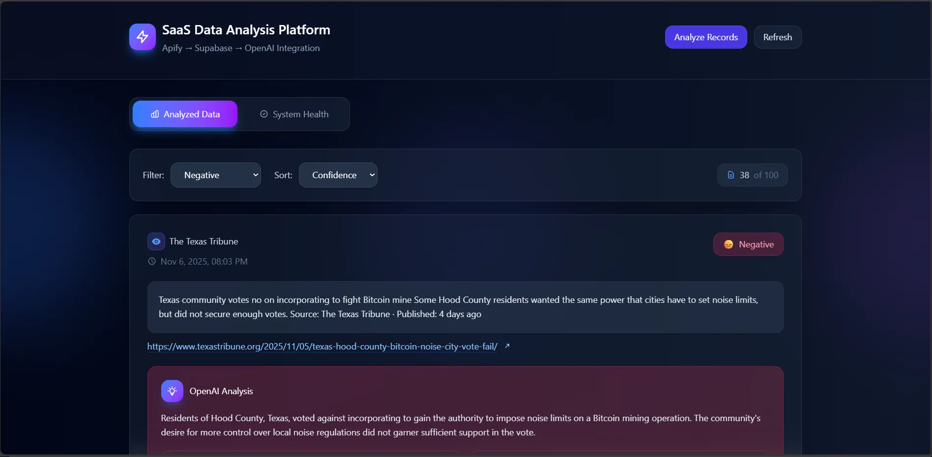 Data analysis platform dashboard showing generated summaries alongside uploaded dataset figures.