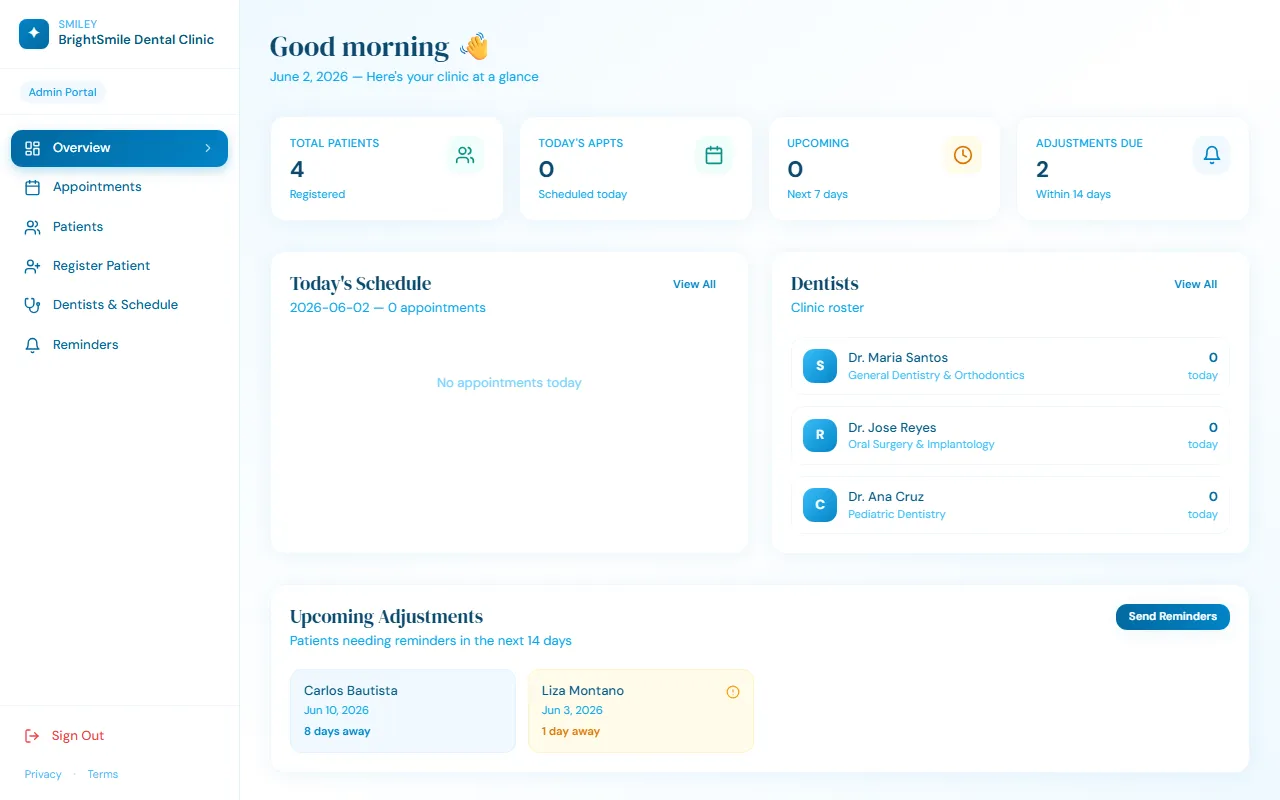 Smiley dental platform interface showing the clinic portal and appointment view.