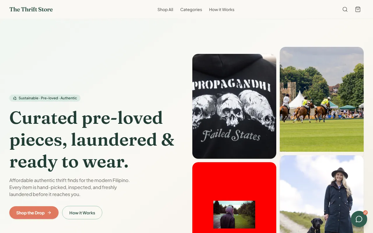 The Thrift Store homepage showing curated second-hand fashion listings.