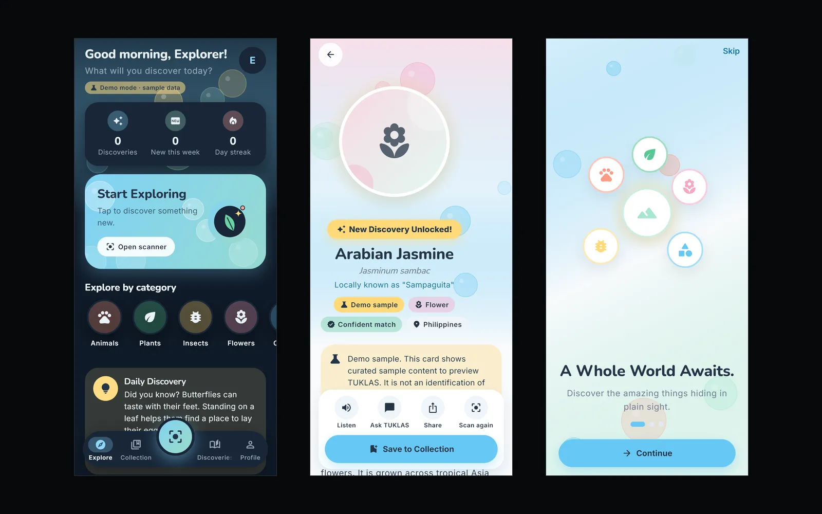 Three Tuklas phone screens: the Explore home, a discovery card for sampaguita and the onboarding screen.