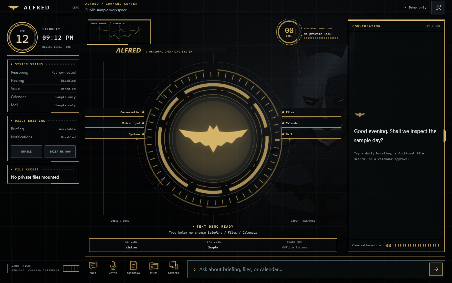 Alfred's Dark Knight command HUD with central core, status rail and conversation log