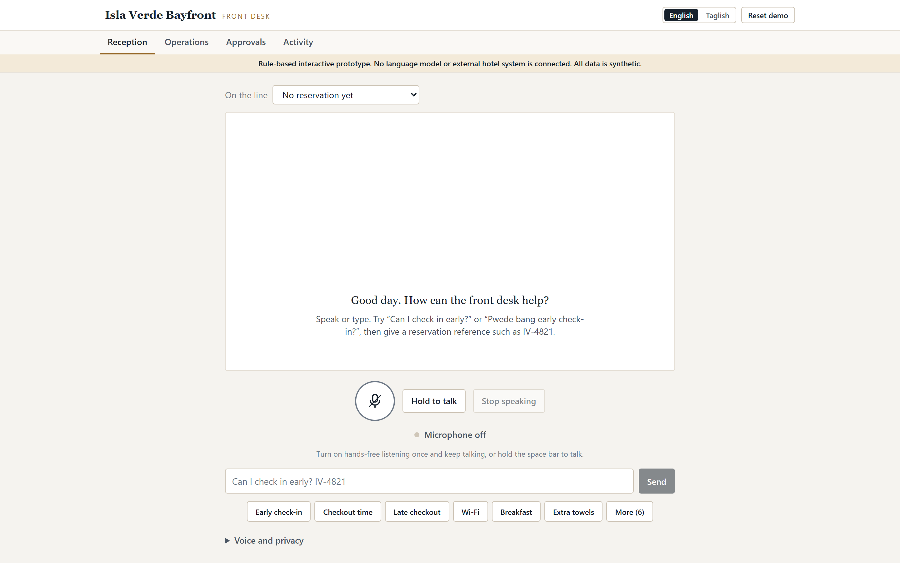 AI Hotel Front Desk reception interface with voice and typed request controls