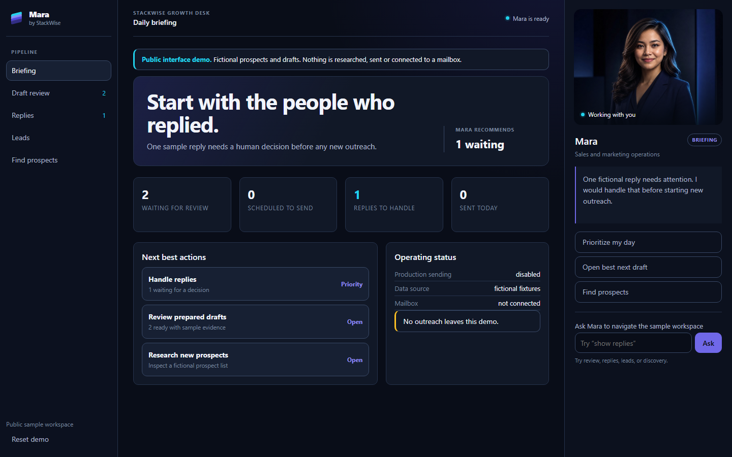 Mara's StackWise growth desk with its pipeline sidebar, briefing and agent dock